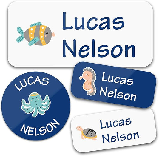 Bunny Badges Personalized Daycare Name Labels for Kids (130 Labels) - Custom Waterproof Name Stickers for Clothing Tags, Water Bottles, Lunch Boxes and School Supplies (Water Animals)