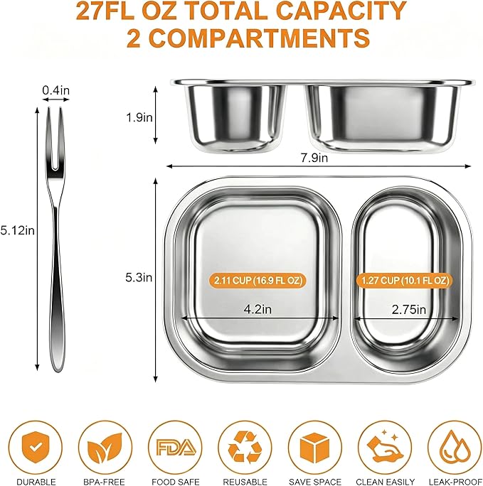 XIANKE 3Pack Stainless Steel Lunch Box, 27oz/800ml Snack Containers with Lids, Stainless Steel Food Storage Container with Lockable Clip, Leak-proof, Dishwasher-Safe Snack Box for Travel, Work