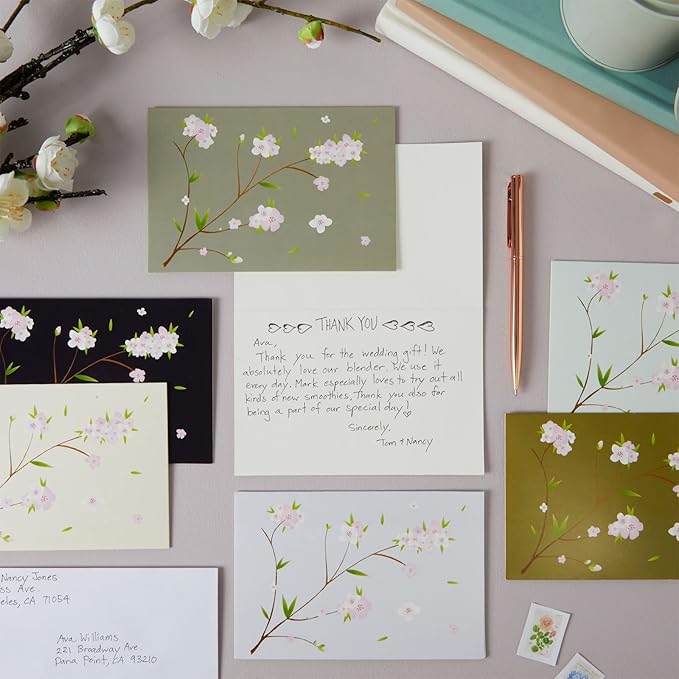 Best Paper Greetings Japanese Stationery Cherry Blossom Note Cards & Envelopes - 120 Pack, 4 x 6 in, 6 Floral Designs - Blank Cards & Envelopes for Thank You, Wedding & Business