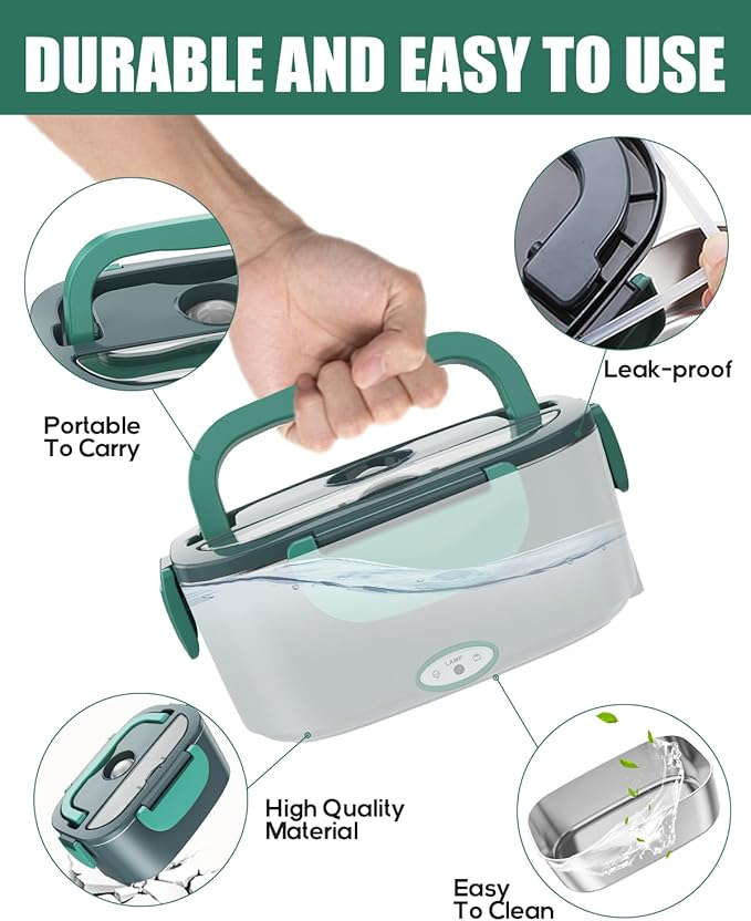 Buddew Electric Heated Lunch Box, 80W Fast Heating with Dual 1.5L Food-Grade 304 Stainless Steel, 12V/24V/110V Portable Food Warmer for Car Truck Office Adults, Lonchera Electrica Portatil (Green)