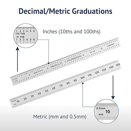 PEC Tools Metal Ruler, 6"/150mm Machinist Rule with Satin Chrome Finish, Decimal/Metric Graduation (1/10", 1/100", 1mm, 0.5mm), Flexible High-Quality Steel Ruler, Trusted by Professionals, Made in USA