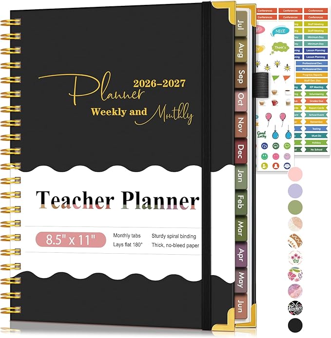 Teacher Planner 2026-2027, July 2026 - June 2027, Academic Weekly & Monthly Calendar Planner with Tabs, 8.5" x 11" A4 Teacher Lesson Plan Book with 7 Periods, Daily Agenda School Organizer for Teacher Student Homeschool, Black