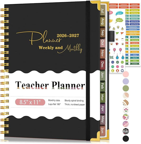 Teacher Planner 2026-2027, July 2026 - June 2027, Academic Weekly & Monthly Calendar Planner with Tabs, 8.5" x 11" A4 Teacher Lesson Plan Book with 7 Periods, Daily Agenda School Organizer for Teacher Student Homeschool, Black
