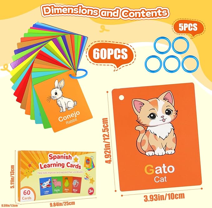 Toddler Spanish Learning Flash Cards, 60 PCS Double Sides Bilingual Flashcards for Numbers, Colors, Shapes, Sight Words, Learn Spanish for Kids, Preschool Kindergarten Learning Activities