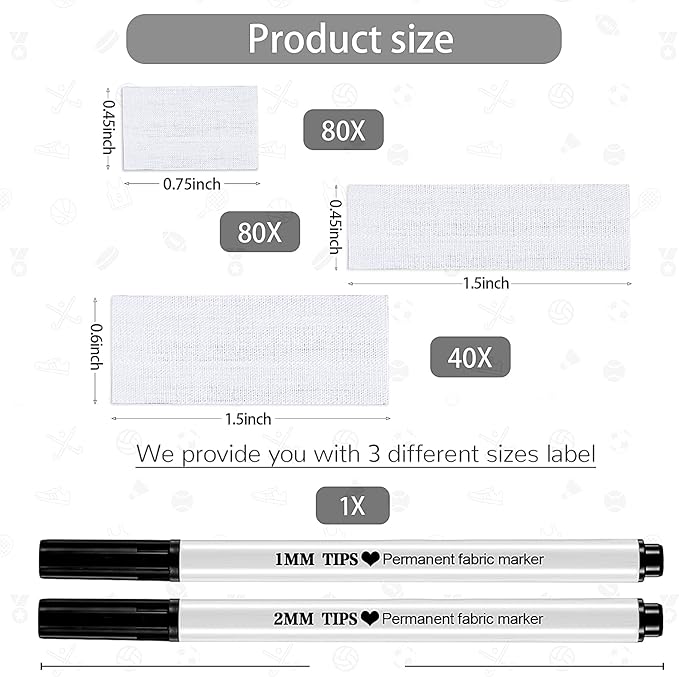 200 Pieces Precut Iron on Labels for Clothing and 2 Pcs Permanent Fabric Markers Laundry Marker Personalized Blank Clothing Name Tags for Nursing Homes, Camp, College, and Uniforms, 3 Size