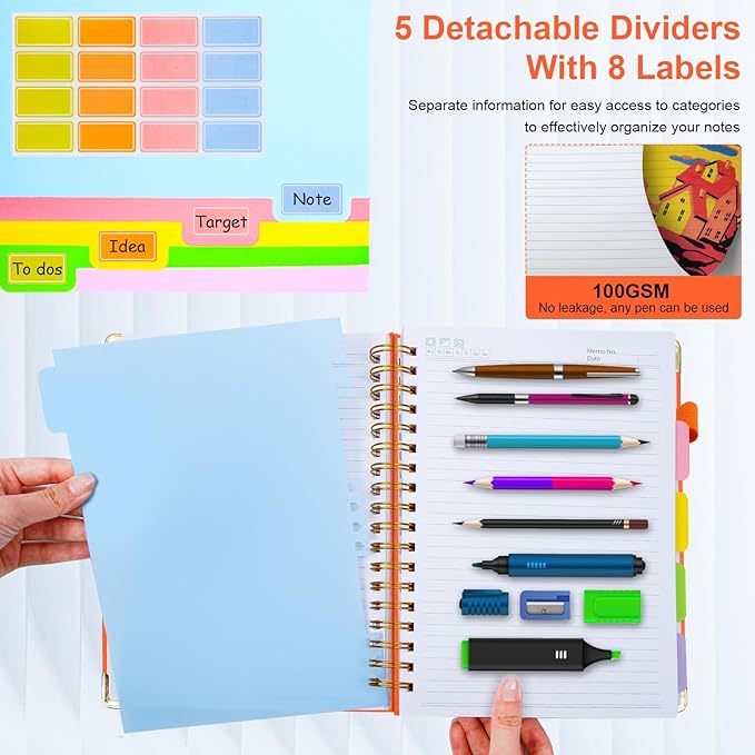 Hardcover Spiral Notebook 8.5"x11" Journal Notebook with Tabs and Removable Dividers 300 Pages 5 Subject Notebook College Ruled, Faux Leather Spiral Bound Notebook for Women School Work (Orange)