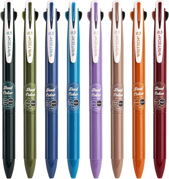 WRITECH Retractable Gel Ink Pens: Multi Colored 2 in 1 Colorful Click Pens Assorted Color 8ct Extra Fine Point Tip 0.5mm Journaling Smooth Writing Note Taking Coloring No Bleed & Smear & Smudge