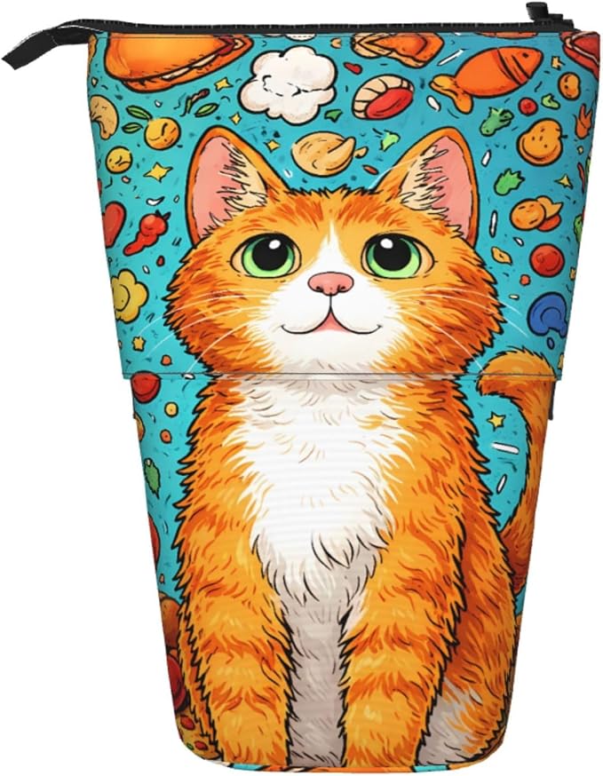 Cat Standing Pencil Case Cute Telescopic Stationary Pouch with Zipper Large Capacity Stand up Pen Bag Portable Makeup Holder for School Office Supplies