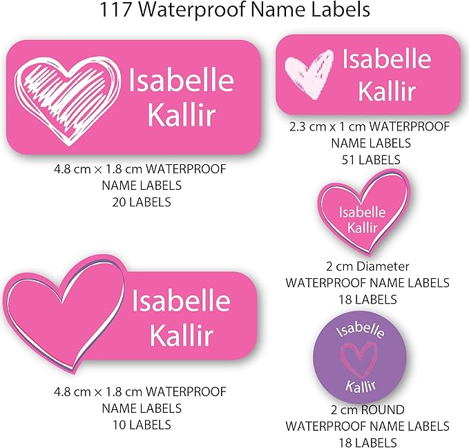 Personalized Kids Name Labels – Waterproof Custom Stickers for Daycare & School, 117 Pack, Dishwasher & Laundry Safe (Heart)