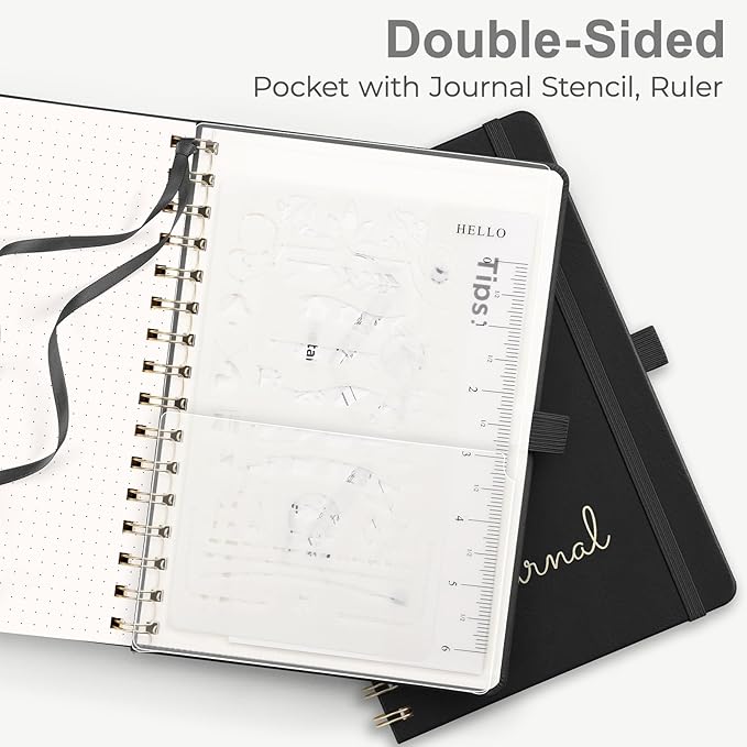 EMSHOI Dotted Journal Spiral Notebook, 140 Pages, A5 Small 5.7"x8.22", PU Leather Hardcover, 100 GSM Thick Paper, 5mm Dot Grid Notebook for Journaling, Planning, Drawing, Writing, Black