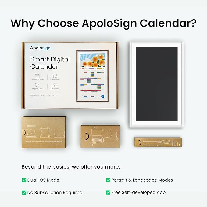 Apolosign 15.6-inch Digital Calendar : Dual Mode Smart Wall Planner, No Subscription, Install Apps, Sync Calendars, Electronic Touchscreen Interactive Display for Family Schedules, Chore Chart (White)