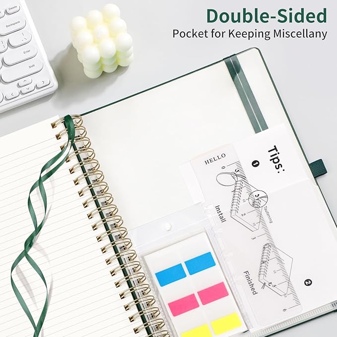 EMSHOI A4 Spiral Notebook College Ruled, Large 8.27"x11.2", Thick 300 Numbered Pages 100GSM Ink-Proof, Faux Leather Hardcover Lay-Flat Lined Journal for Work Office School Writing, Dark Green