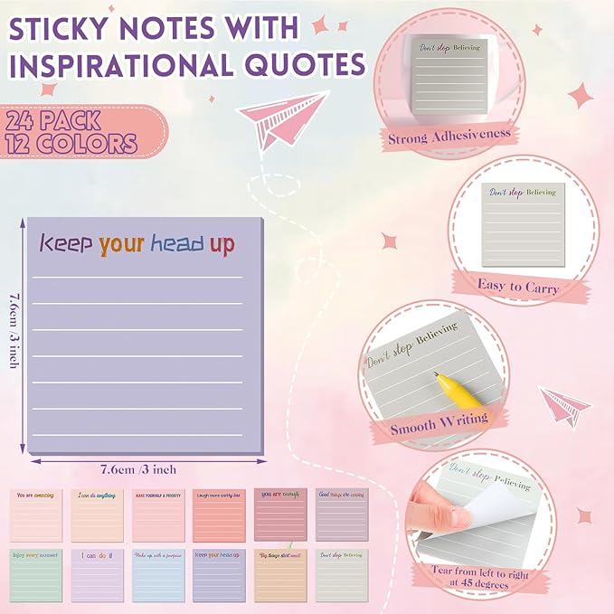 Yinder 24 Pcs Inspirational Sticky Notes Cute Motivational Sticky Notes Pad End of Year Employee Appreciation Gifts Bulk for Teacher Nurse Coworkers Office Supplies 3 x 3'' (Motivation,Aesthetics)