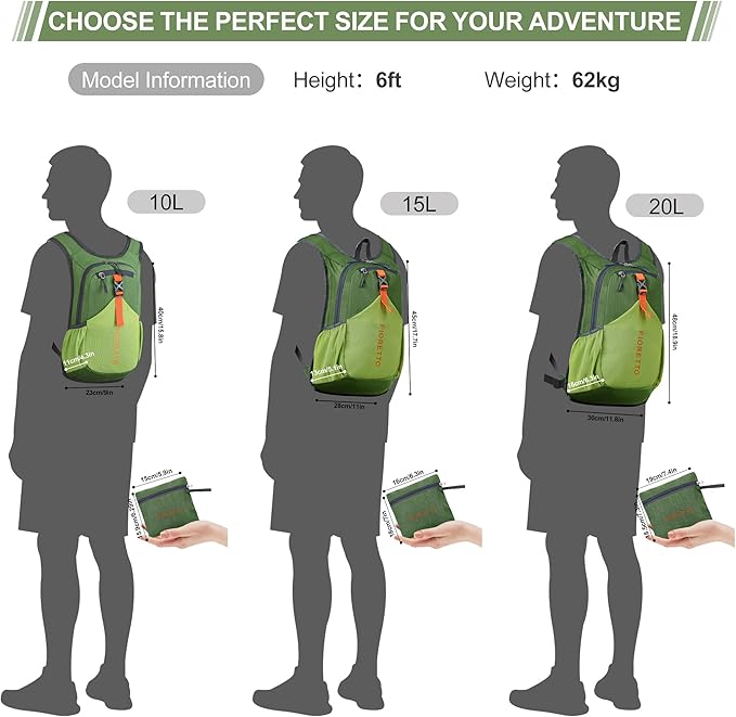 FIORETTO 10L/15L/20L Hiking Backpack for Women Men Mini Packable Backpack Lightweight Small Daypack for Travel Camping