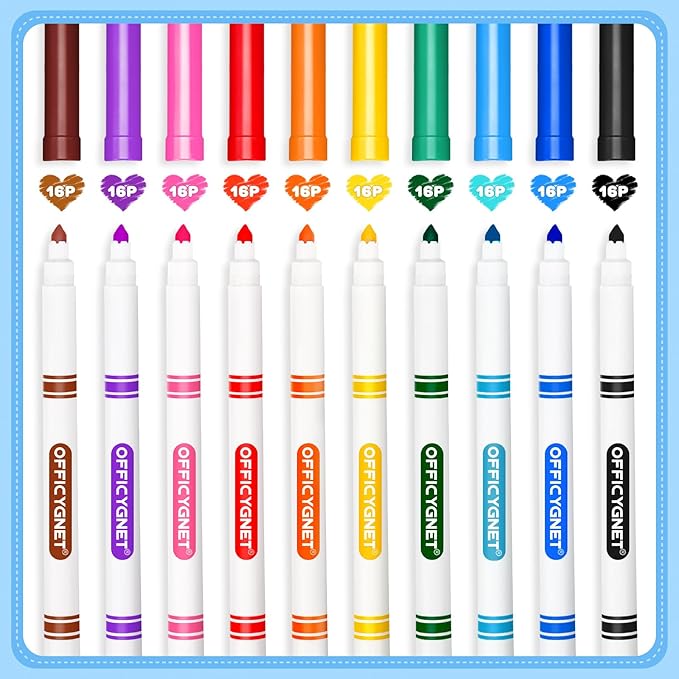Officygnet 160 Count Washable Markers Bulk, 10 Assorted Colors, Conical Tip with Fine & Broad Line Coloring Marker for Kids, Markers Bulk for Classroom, School Art Supplies, Back to School Essentials