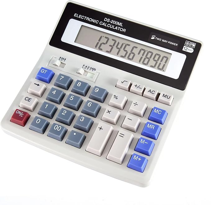 Large Desktop Calculator with 12-Digit Display, Large Plastic Buttons for Easy Operation and Viewing, Dual Power Supply: Battery (with Battery Slot) and Solar