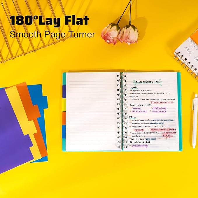 Yoment 2 Pack 5 Subject Notebook Wide Ruled Spiral Notebooks 5x7 with Removable Dividers Tabs, 200 Pages Small Notebooks for Work A5 Spiral Bound Journal for School Office, Blue&Orange