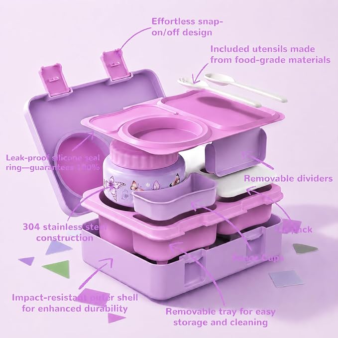 Kids Insulated Lunch Box with 8OZ Thermo Food Jar | Leakproof Bento Box with Ice Pack Sauce Cup Utensils Removable Tray & Dividers for School Daycare Travel, Butterflies