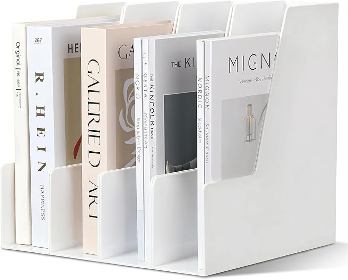 CiWiVOKi Vertical Magazine File Holder, Desk Organizer and Storage for Magazines, Binders, Notebooks, Envelopes, Multi-Purpose Desktop File Organizer for Home, Office & Classroom, 4 Pack, White