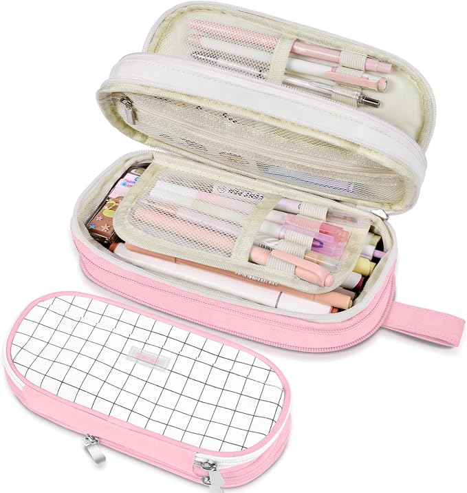 Sooez Large Pencil Case, Expandable Pencil Bag Pouch, Pen Bag with Zipper | Ample Storage, Durable Canvas, Smooth Zippers, Portable Handle, Cute Stationery Organizer, Makeup Bag, School Supplies, Girls