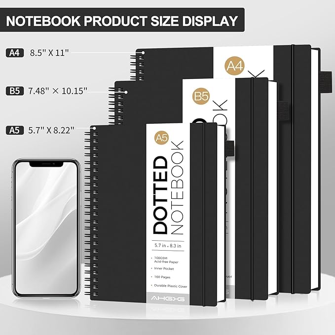 AHGXG Dotted Journal - Dot Grid Spiral Notebook A5, 160 Pages, 100 GSM Thick Paper, Waterproof Plastic Cover Journals for Bullet Journaling, Sketching, 5.7" x 8.3", Black