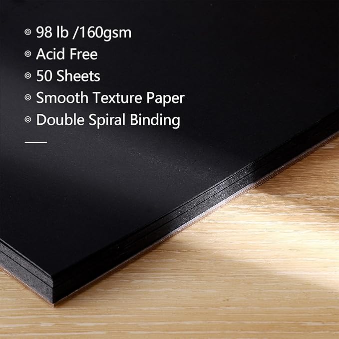 50 Sheets Black Paper Sketchbook, 108 lb/160gsm Heavyweight Black Sketch Pad 5.5×8.5in, Acid-Free Drawing Paper, Spiral Bound Sketch Book for Kids, Teens, Artist