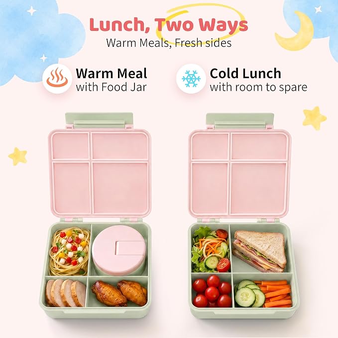 Bento Lunch Box with 8oz Soup Thermo, Kids Leakproof Lunch Food Containers with 4 Compartment, Kids Thermo Insulated Hot Food Jar for School, Trvael (Green-Pink)
