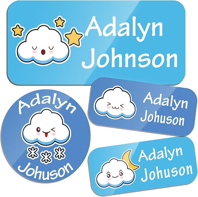 Custom Personalized Name Labels for Kids-(200-1000Labels) Waterproof Name Stickers Tags for School&Daycare,Clothing Tags,Washable&Durable Labels for Lunch Boxes, Bottles,Toys&GEA (Clouds)