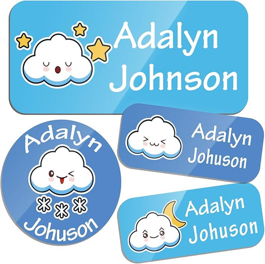 Custom Personalized Name Labels for Kids-(200-1000Labels) Waterproof Name Stickers Tags for School&Daycare,Clothing Tags,Washable&Durable Labels for Lunch Boxes, Bottles,Toys&GEA (Clouds)