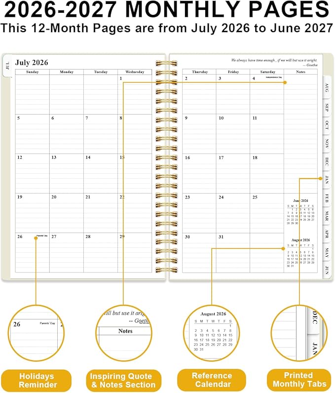Planner 2026-2027 - Academic Planner from July 2026 to June 2027, Weekly & Monthly Planners Spiral Bound with 12-Month Tabs, Inner Pocket, 6.25" x 8.5", Beige