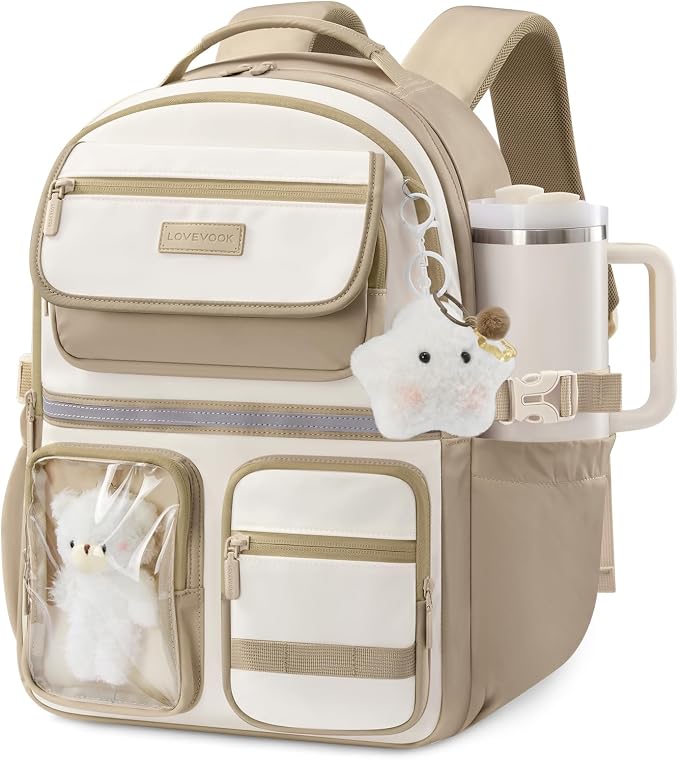 LOVEVOOK School Backpack for Girls, Cute Bookbag for Teen 8-16, DIY Friendly 15.6" Laptop Backpack for Middle High College Student Back to School, Bag with Water Bottle Pocket for Travel, Khaki