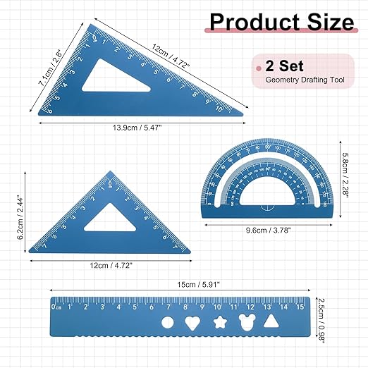 PATIKIL 8 Pcs Geometry Drafting Tool, Aluminum Alloy Geometry Kit Math Tool Includes 15cm L Ruler Protractor Triangles for Drafting Angle Measure Simple Science Experiment, Navy Blue