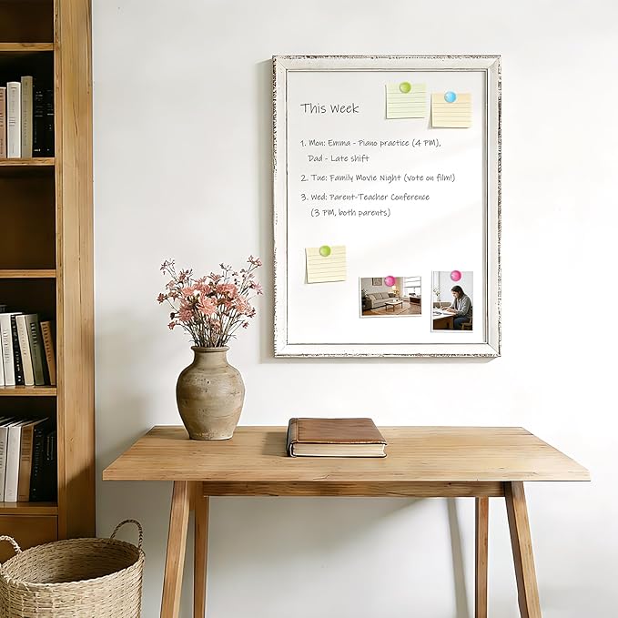 White Board for Wall, 18" x 12" Magnetic Dry Erase Board, Vintage Wooden Frame Decorative Whiteboard, Wall Mounted, White-Washed, Aesthetic Writing Board for Home, Office, School