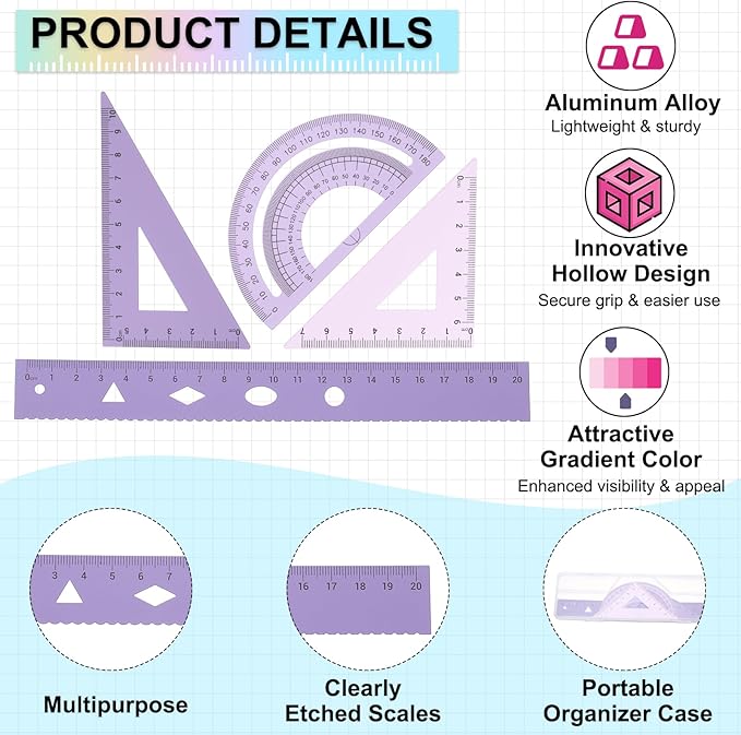 PATIKIL Geometry Set, 2 Pack 8 Inch Aluminum Ruler & 4 Triangles, Metal Protractor Ruler Math Drafting Measuring Tool for Home Office Math Drawing Engineering Art,Gradient Purple