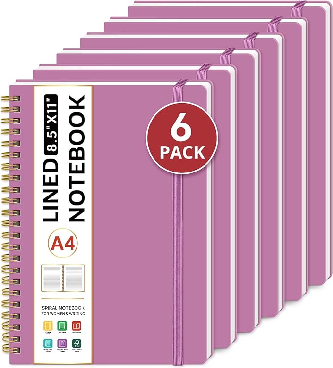 Taja Spiral Lined Notebook, 8.5"x11" Notebooks for Work, 6 Pack, Large A4 Journal for Women & Men, College Ruled Journaling Notebook for Writing, 6 Pcs, Plastic Cover Spiral Journal, Purple