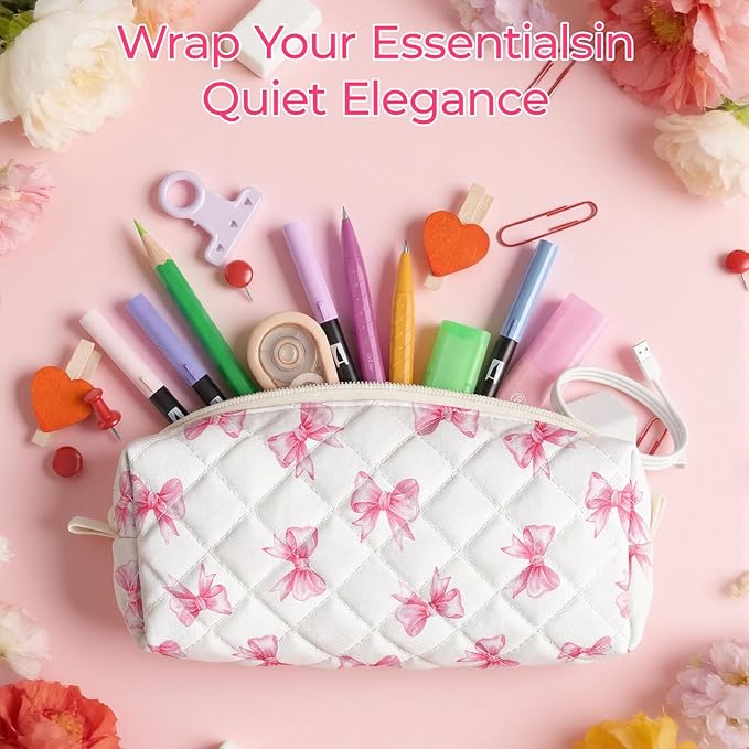 Cute Quilted Pencil Case for Girls Women, Aesthetic Small Floral Pencil Pouch,Slim Soft Pencil Bag for School Supplies Makeup Pouch for School & Daily Use (Tiny Pink Bow)