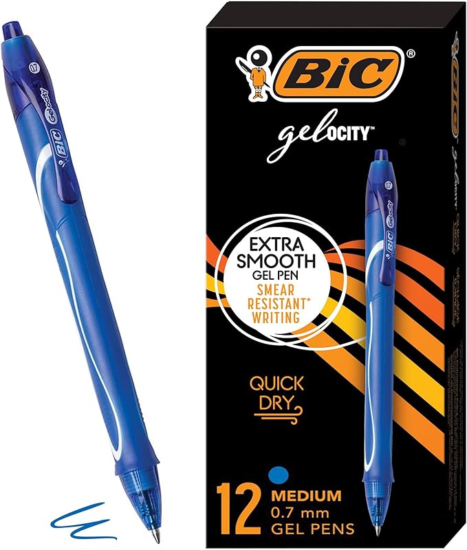 BIC Gelocity Quick Dry Blue Gel Pens, Medium Point (0.7mm), 12-Count Pack, Retractable Gel Pens With Comfortable Full Grip