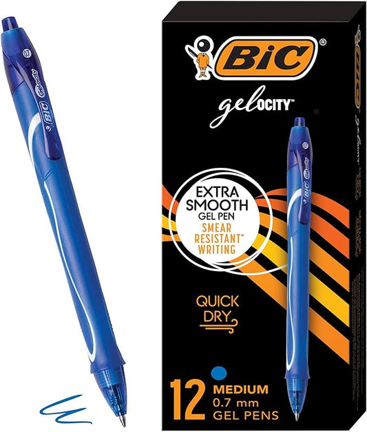 BIC Gelocity Quick Dry Blue Gel Pens, Medium Point (0.7mm), 12-Count Pack, Retractable Gel Pens With Comfortable Full Grip