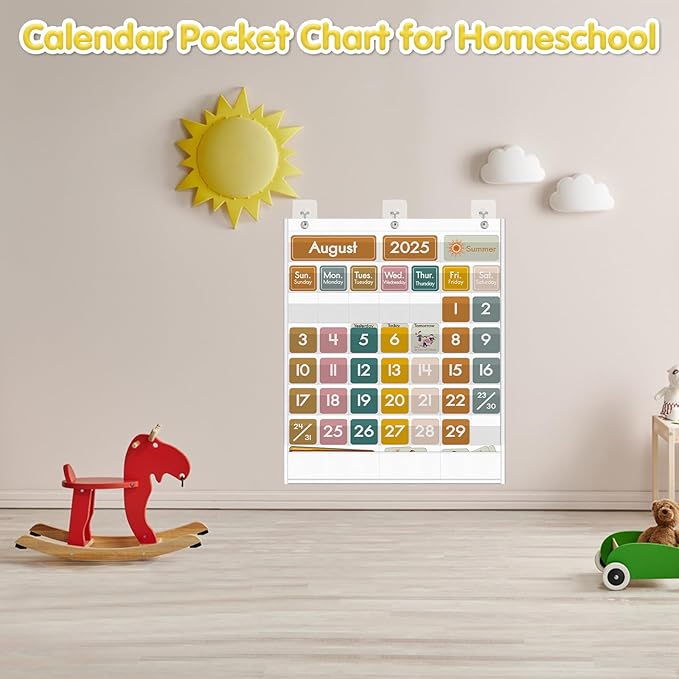 48 Pockets Classroom Calendar for Kids Learning, Pocket Chart Calendar Decor with Special Educational Cards, Teacher and Classroom Must Have Supplies, Boho