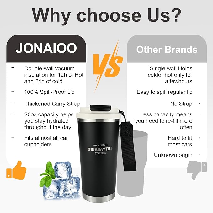 20oz Tumbler Stainless Steel Vacuum Insulated Coffee Travel Mug Reusable Iced Coffee Cup Hot Coffee Travel Mug with lid and straw Cupholder Friendly Leak-Proof BPA Free (Black)