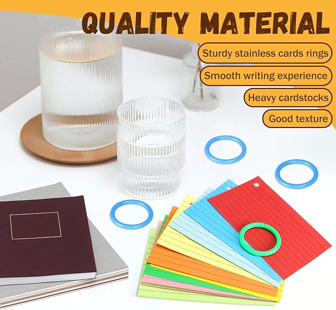 Tecmisse 1200 PCS Colorful Index Cards with Rings, Colored Flash Cards with Rings, 3 x 5 Inch Ruled Note Cards Flashcards Study Cards Notecards for Learning and office Supplies, 12 Colors