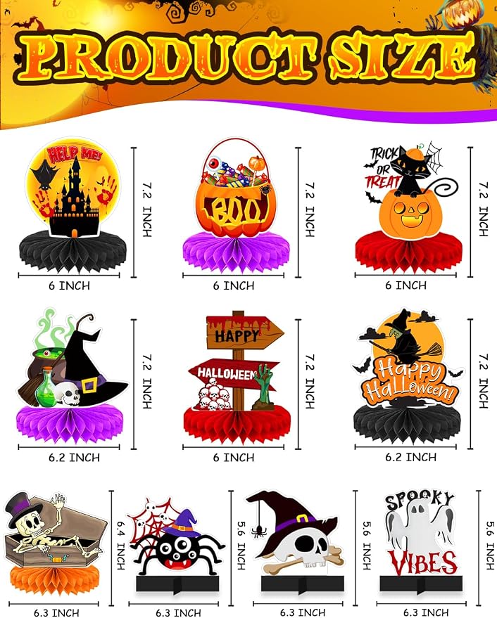 10Pcs Halloween Party Decorations Honeycomb Centerpiece - Halloween Table Decorations Spooky Orange Black Table Centerpieces Pumpkin Ghost Witch Table Topper Decor Indoor Outdoor Supplies