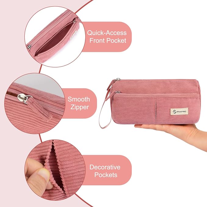 FINPAC Pencil Case, Corduroy Triangle Makeup Bag Kawaii Pen Bag Pouch | Pencil Holder Box Organize for Study, Office, or Travel, Pink