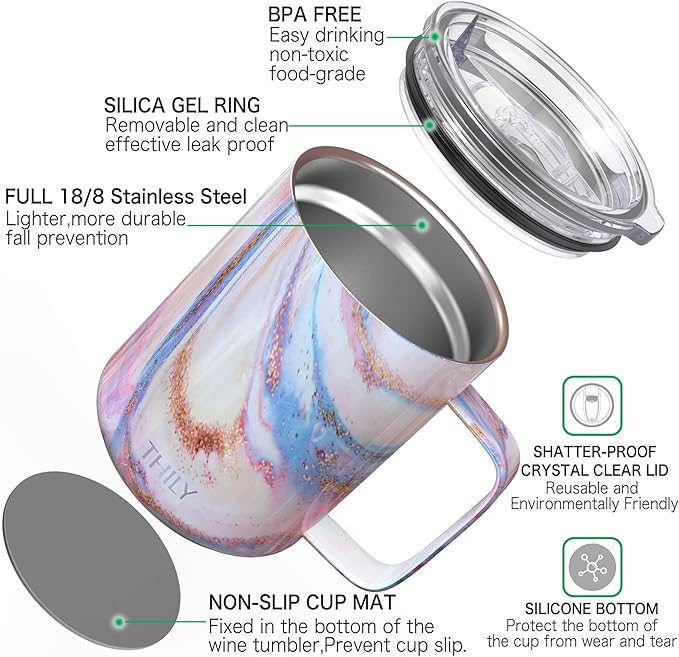THILY Stainless Steel Insulated Coffee Mug 12 oz Vacuum Insulated Coffee Cup with Handle, Spill-Proof Lid, Keep Coffee Cold, Pink Ripple