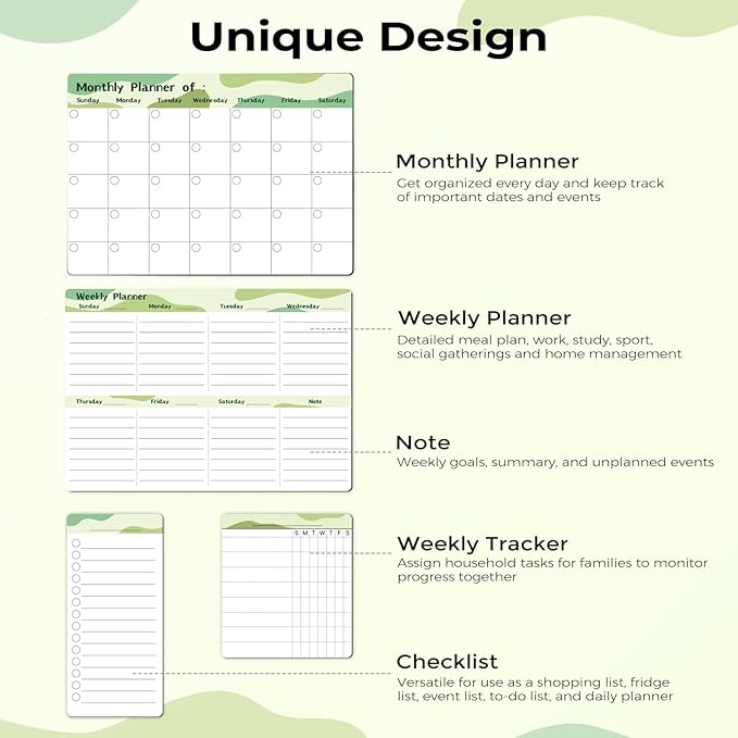 MARSROCK Refrigerator Calendar Magnetic, 16.3x11.7” (4-Pack) – Weekly & Monthly Planner, Chore Chart, Grocery/to-Do List for Fridge, Includes 8 Markers, 6 Magnets & 1 Eraser for Kitchen, Green