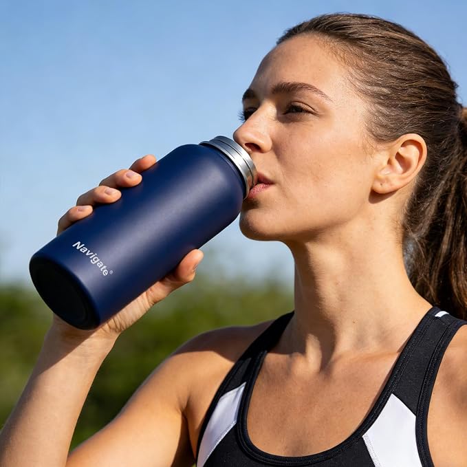 Navigate 40 oz Insulated Stainless Steel Sports Water Bottle with Spout & Handle Lids,Wide Mouth Water Jug with Double Walled Leak Proof Keep Cold for 24 Hrs Hot for 12 Hrs,Dark Blue