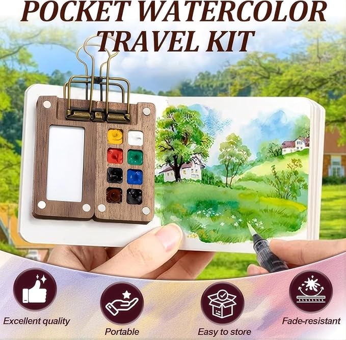 Mini Wooden Watercolor Paint Set - Pocket Travel Art Kit with 12 Colors, Portable Palette with Brushes, Clip, Sketchbook, Wristband, Cup, Storage Bag & Bookmarks, Gift for Art Lovers Artists