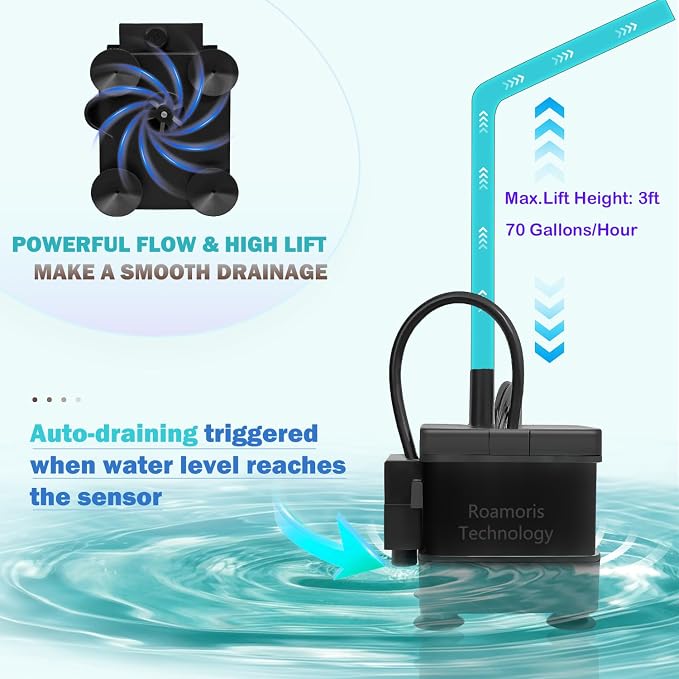 Small Pump With Level Sensor 110V Automatic Submersible Water Pump Mini HVAC Condensate Pump For Dehumidifier,Air Conditioner, Ice Maker, Furnace,Air Cooler,Auto Shut Off,PM01