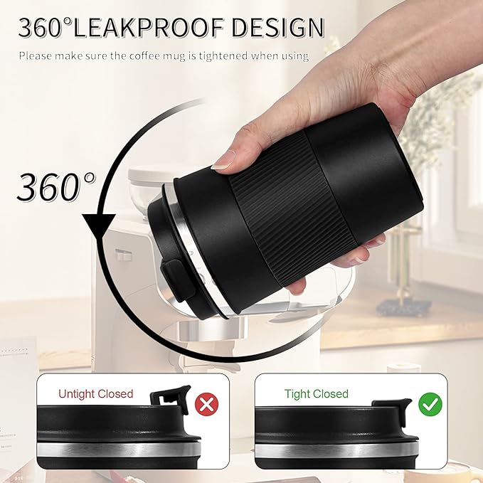 YINBAOGE Insulated Travel Coffee Mug, Spill & Leak Proof, Portable To Go Camping Stainless Steel Coffee Tumbler, Reusable Thermal Coffee Cup with Lid for Hot & Cold Drinks (Black, 12 OZ)