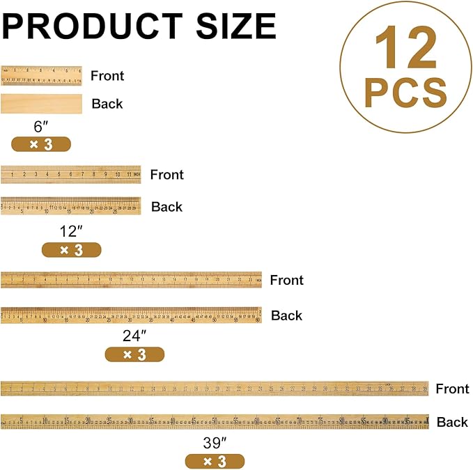 Fulmoon 12 Pieces Meter Stick Yard Stick 39" 12" 24" 6" Thick Wood Double Sided Ruler Yardsticks Bulk for School Classroom Home Office Kids Measuring Meterstick